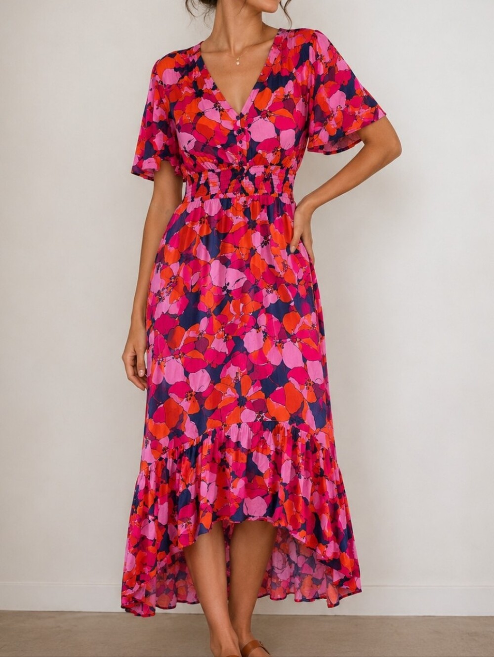 Abel The Label Floral Maxi Dress Pink Orange Button Front Smocked Waist XS Boho